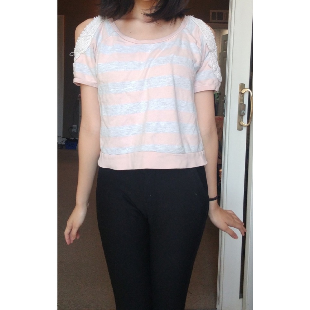 Peach and white striped cold shoulder top
